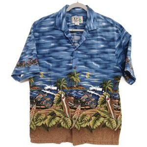 KY'S Hawaiian Aloha Shirt Mens Large Blue Tropical Surfboard Motorcycle Made USA